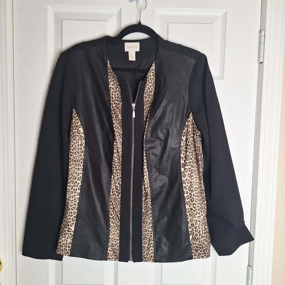 Chico's Black Faux Leopard and Tan Leopard Print Blazer Size 2 Large